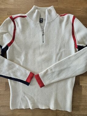 Helly Hansen Cream Quarter-Zip Ribbed Sweater w/ Red & Navy Trim  - 65% Wool